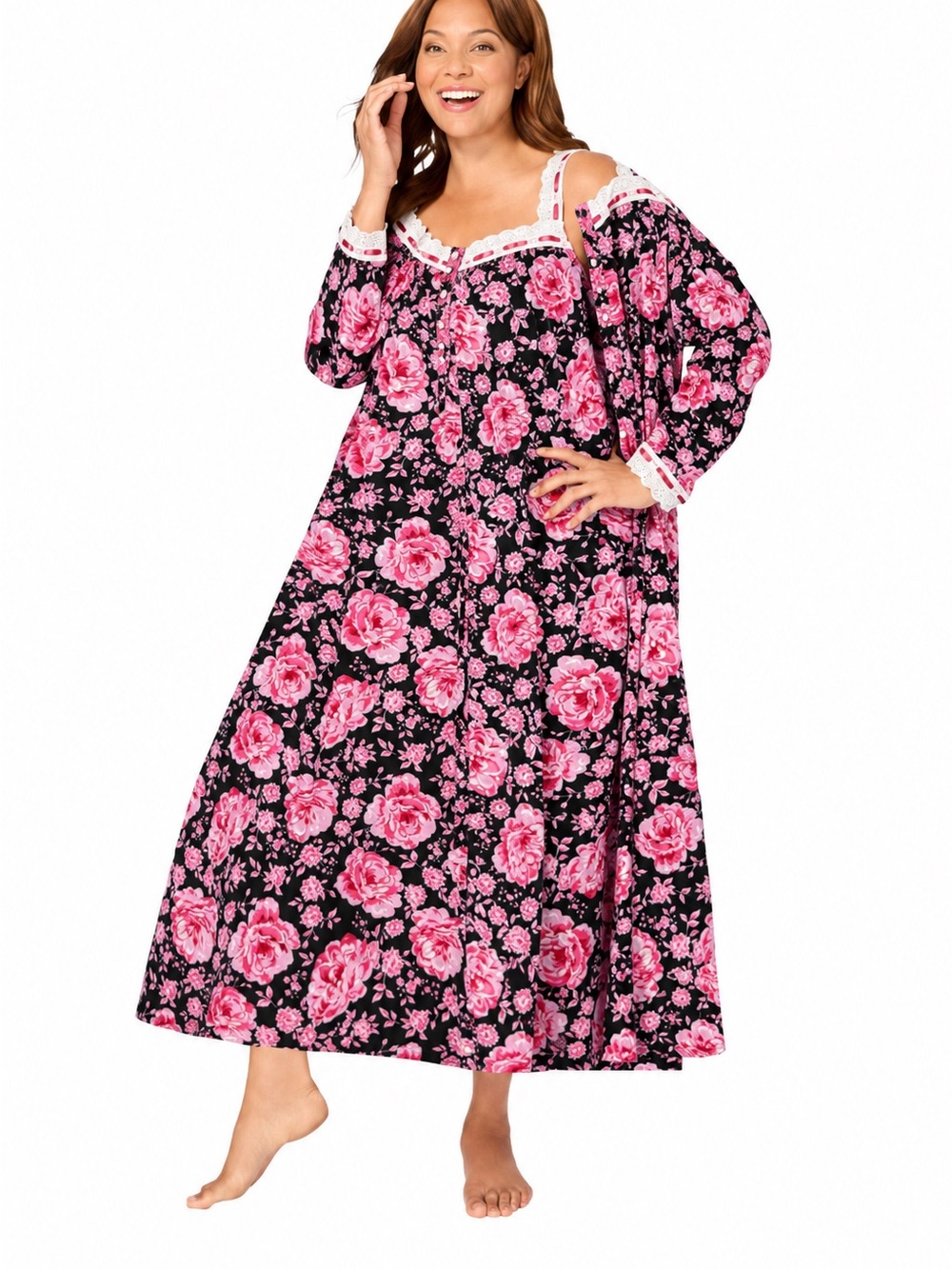 Only Necessities 1X 2 Pc Peignoir Set Black Pink Cabbage Rose Cotton Nightgown
